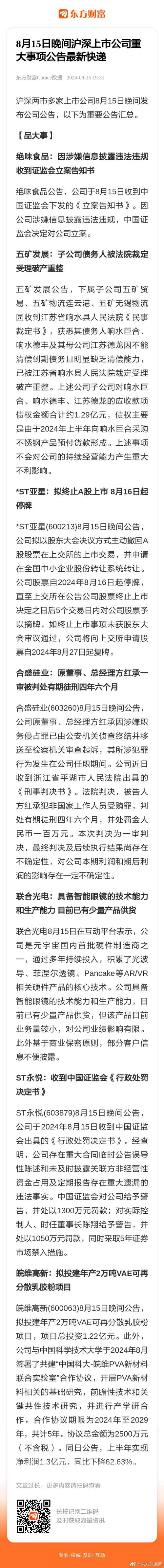 8月15日晚间沪深上市公司重大事项公告最新快递